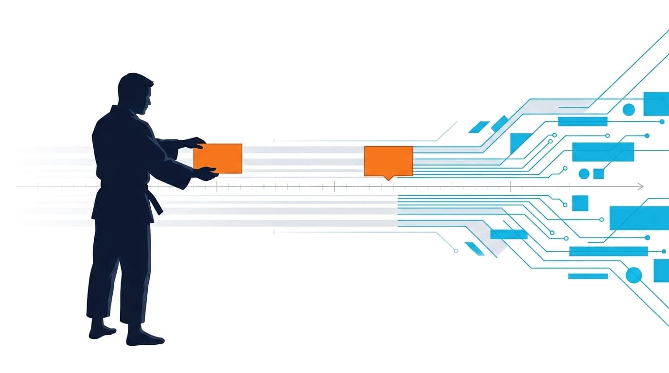 A JobsJudo-style silhouette illustration of a candidate placing two precise follow-up markers on a timeline while other opportunity signals keep moving.