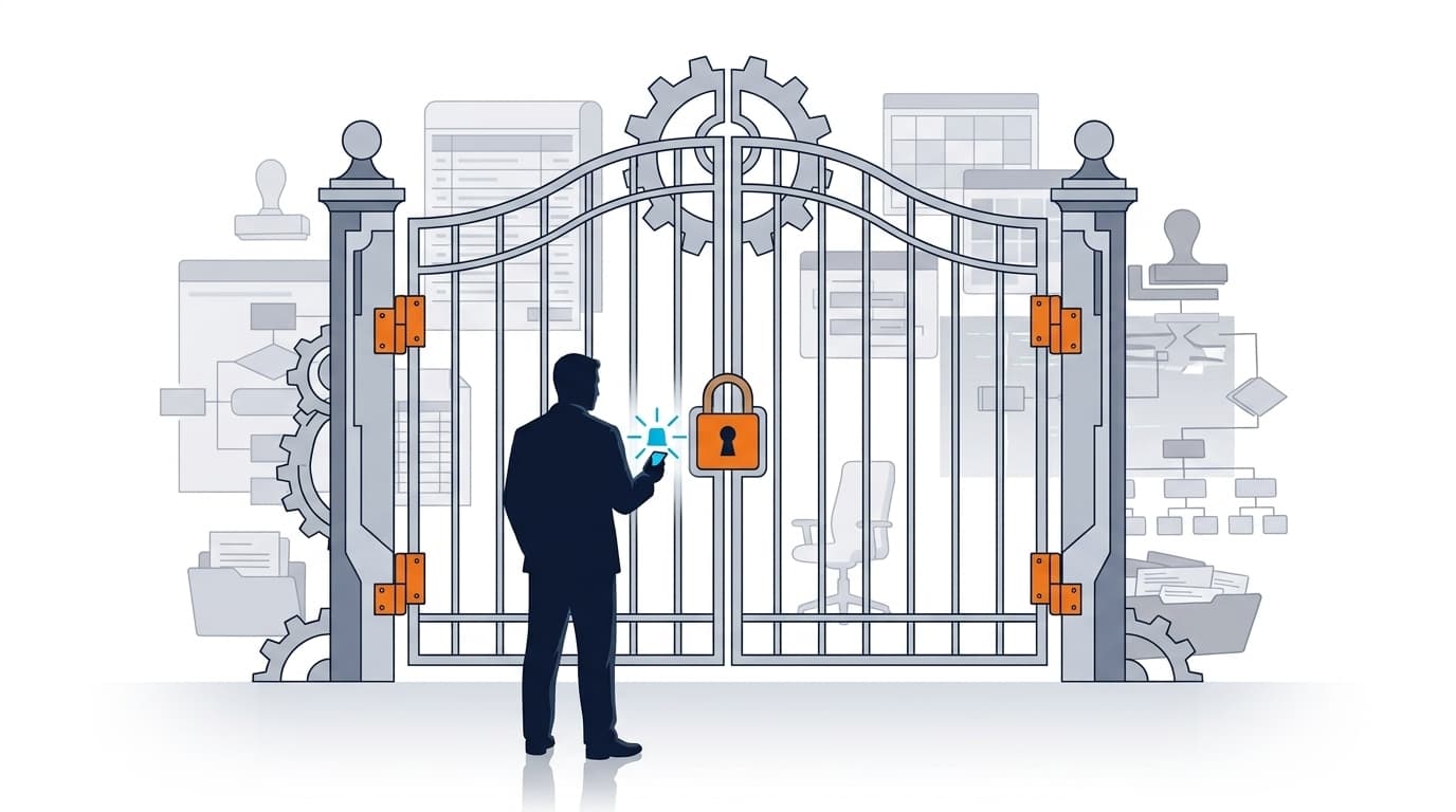 A JobsJudo-style silhouette illustration of a hiring signal waiting outside a locked headcount gate.