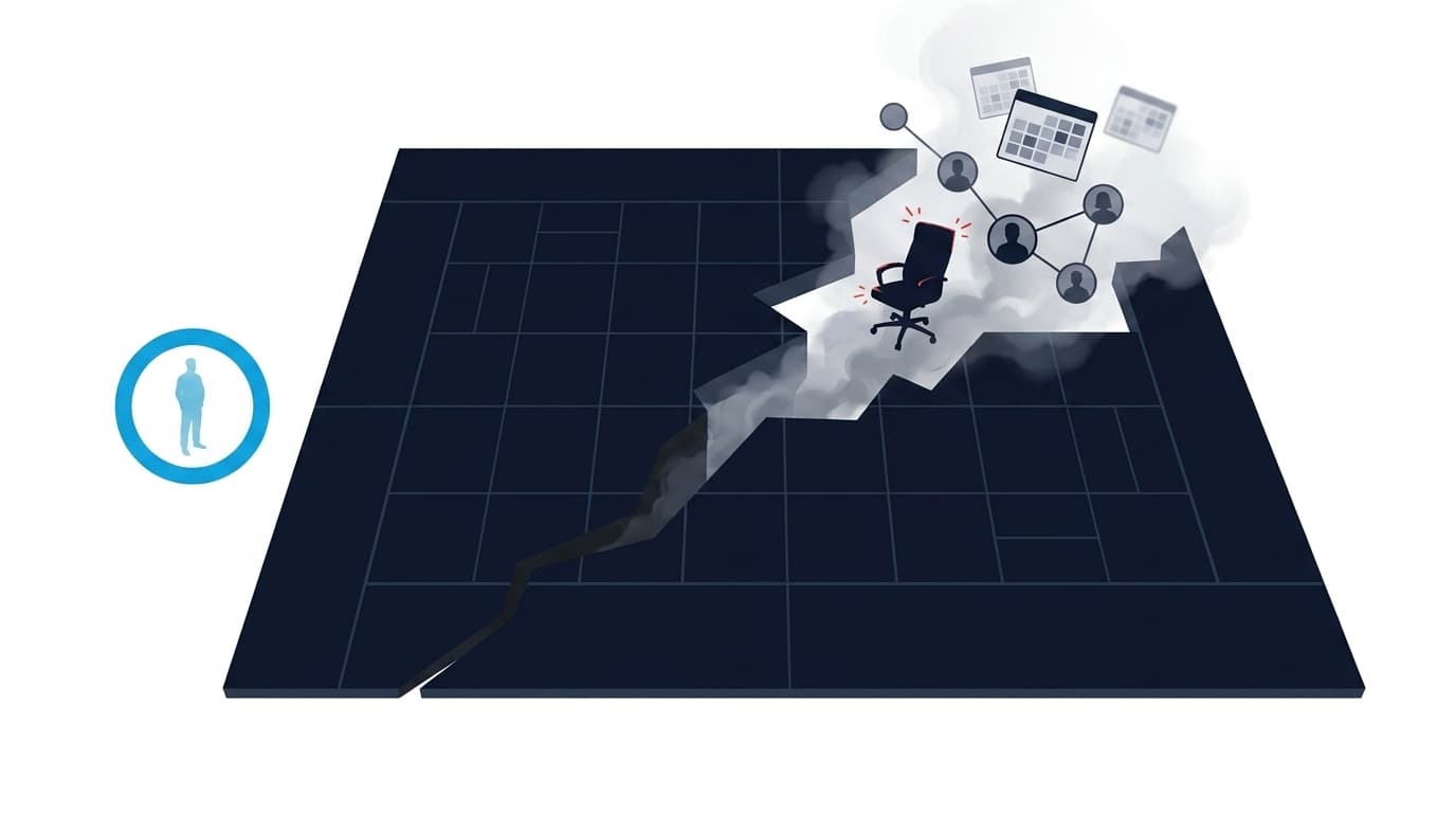 A JobsJudo-style silhouette illustration of a team map paused by a quiet internal fault line.
