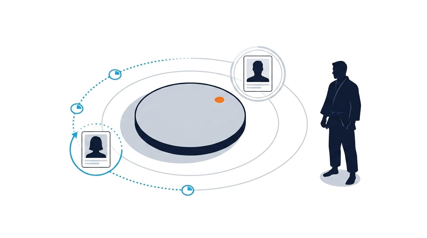 A JobsJudo-style silhouette illustration of two candidate signals orbiting a central hiring table.