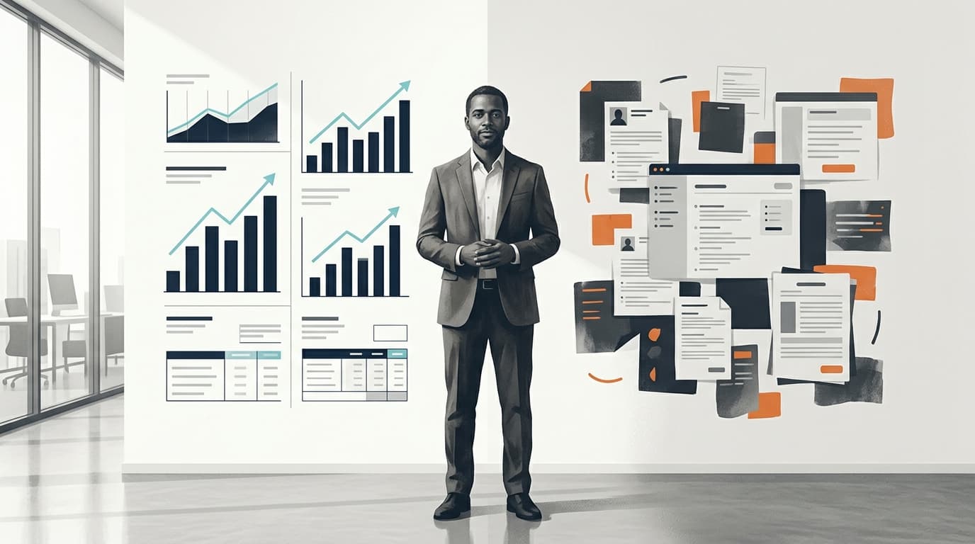 A calm professional standing between clean labor-market charts and messy application surfaces.
