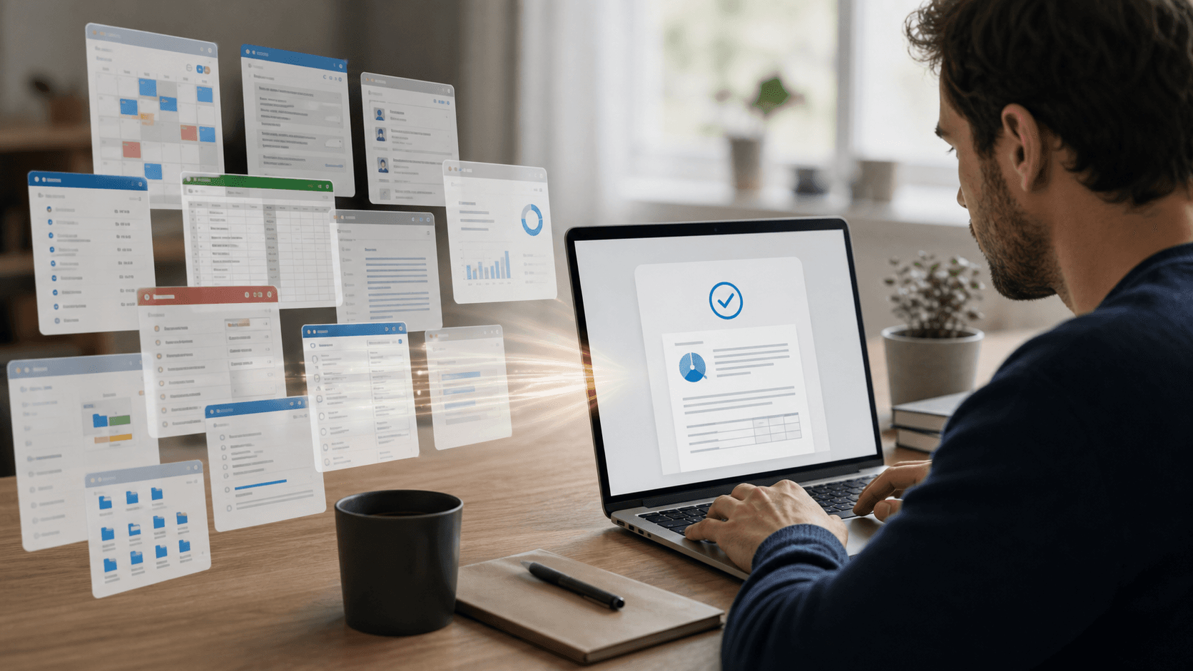 A focused professional at a laptop as many generic software windows compress into one clean finished output.