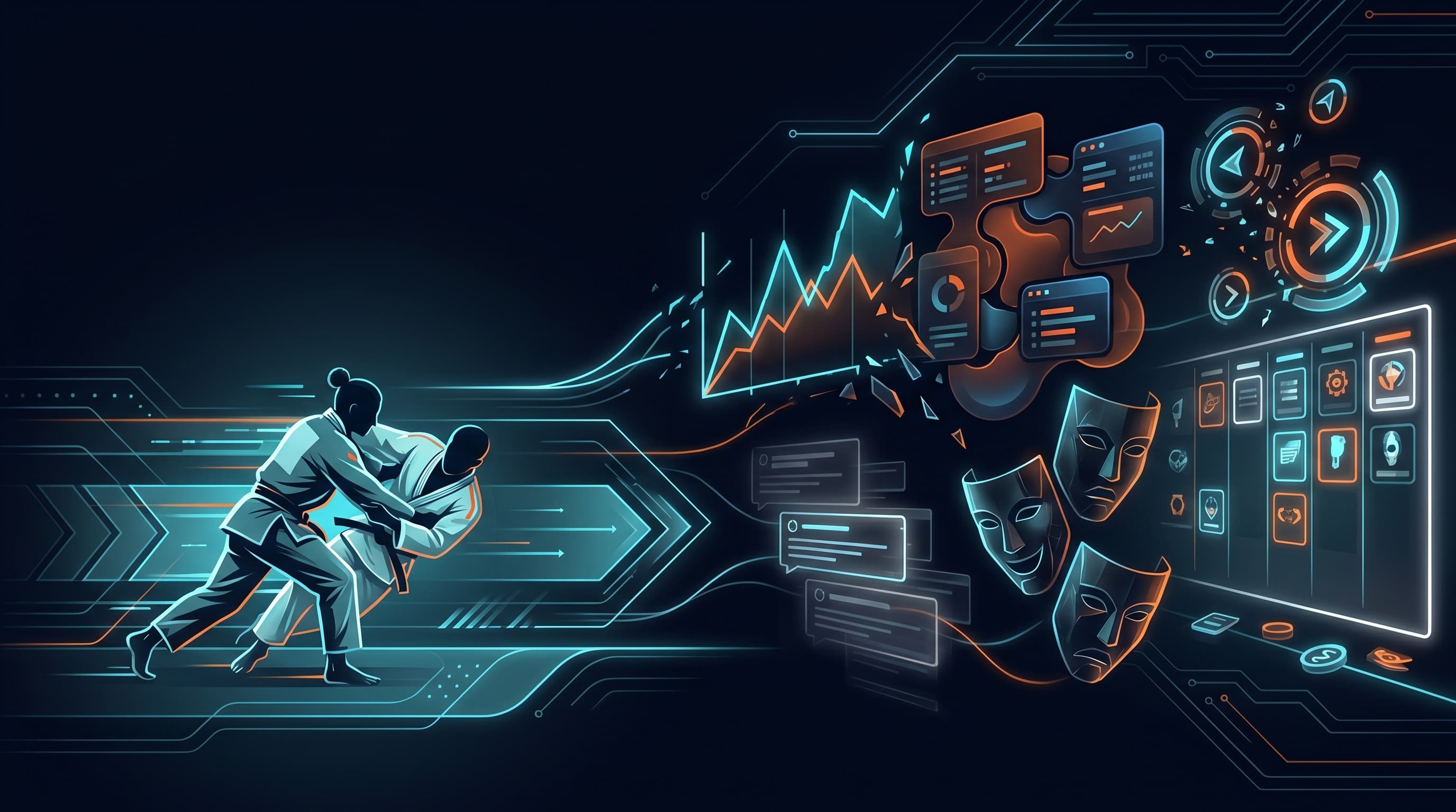 A composed JobsJudo-style silhouette moving through hiring noise, software dashboards, and outcome targets.