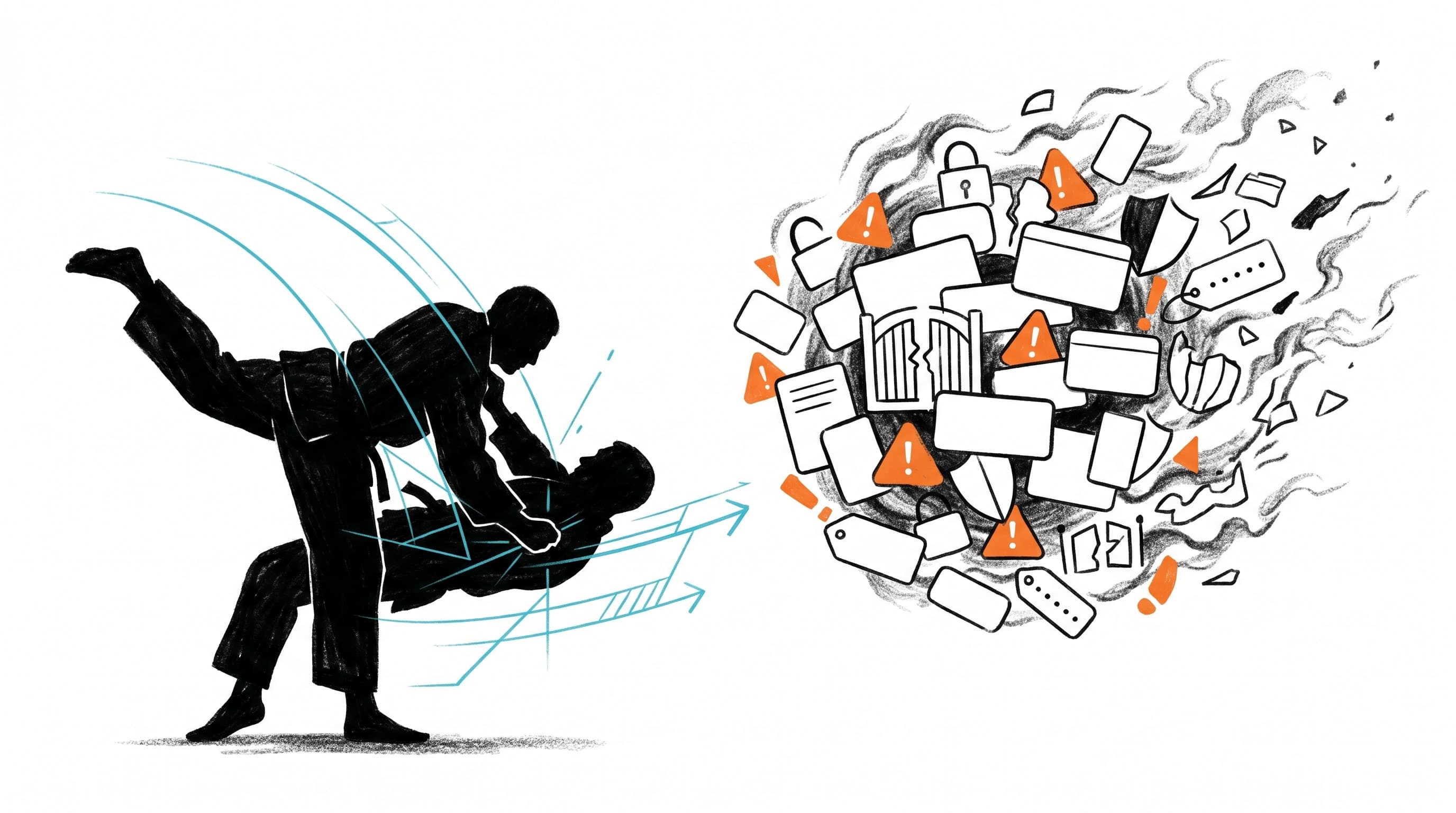 A JobsJudo-style illustration of cybersecurity alert noise being separated from clean opportunity signal.