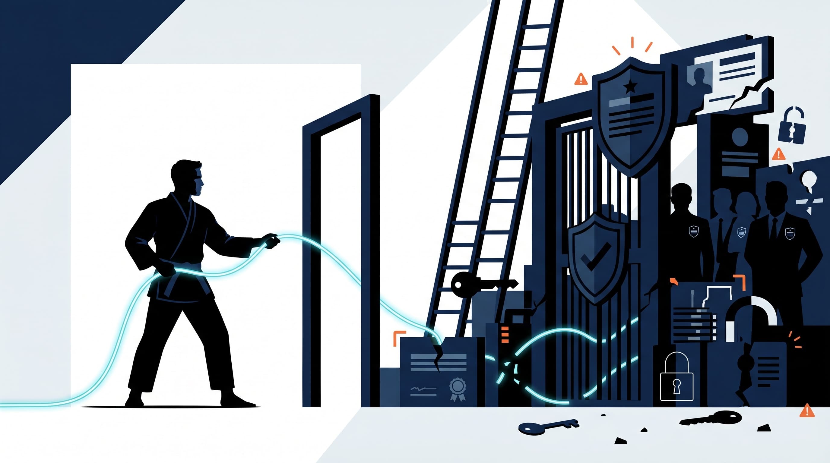 A JobsJudo-style illustration of a cybersecurity candidate finding a clean path through seniority and clearance gates.