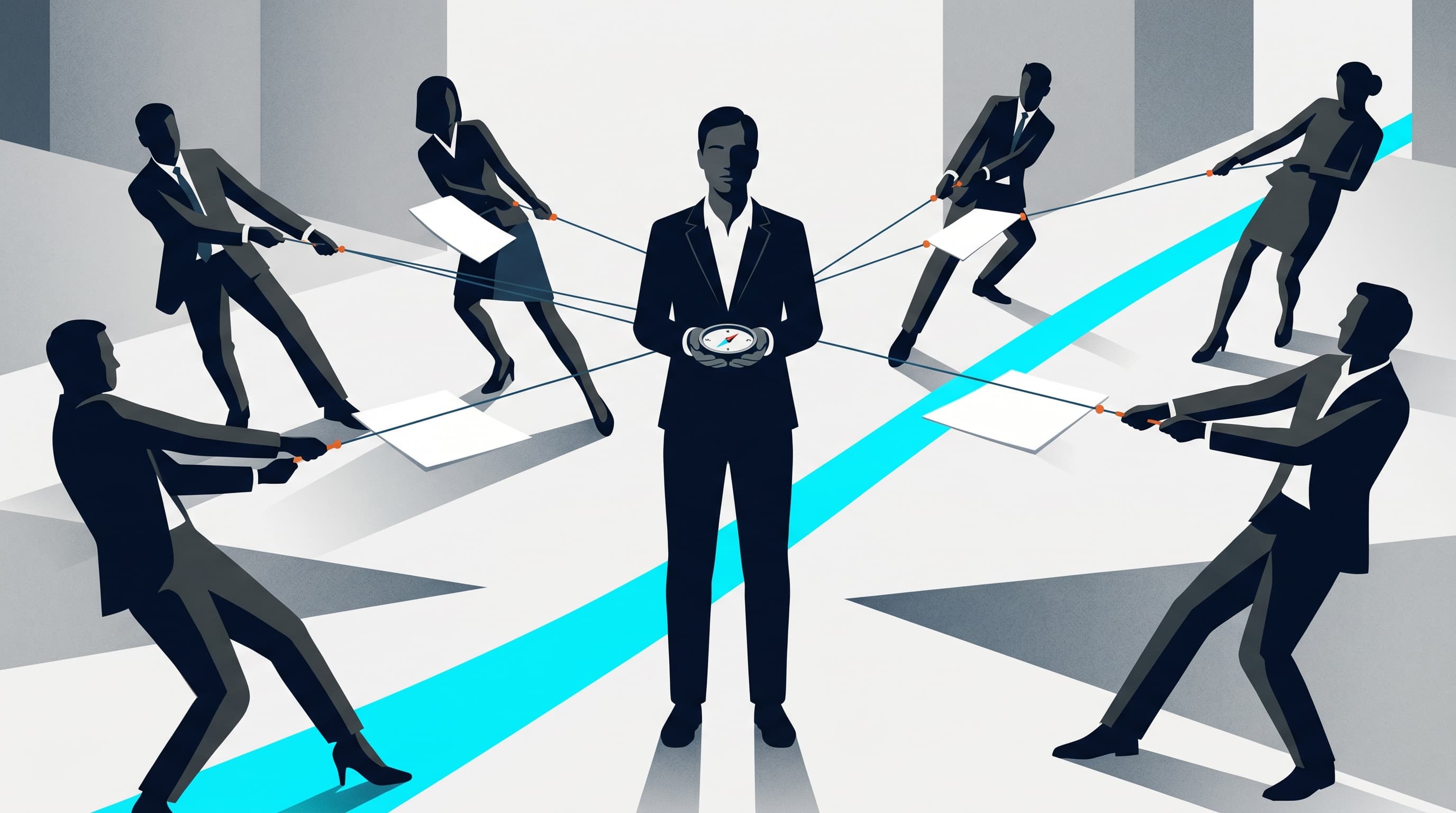 A JobsJudo-style illustration of stakeholder tension pulling product roadmap pieces away from a clean evidence path.