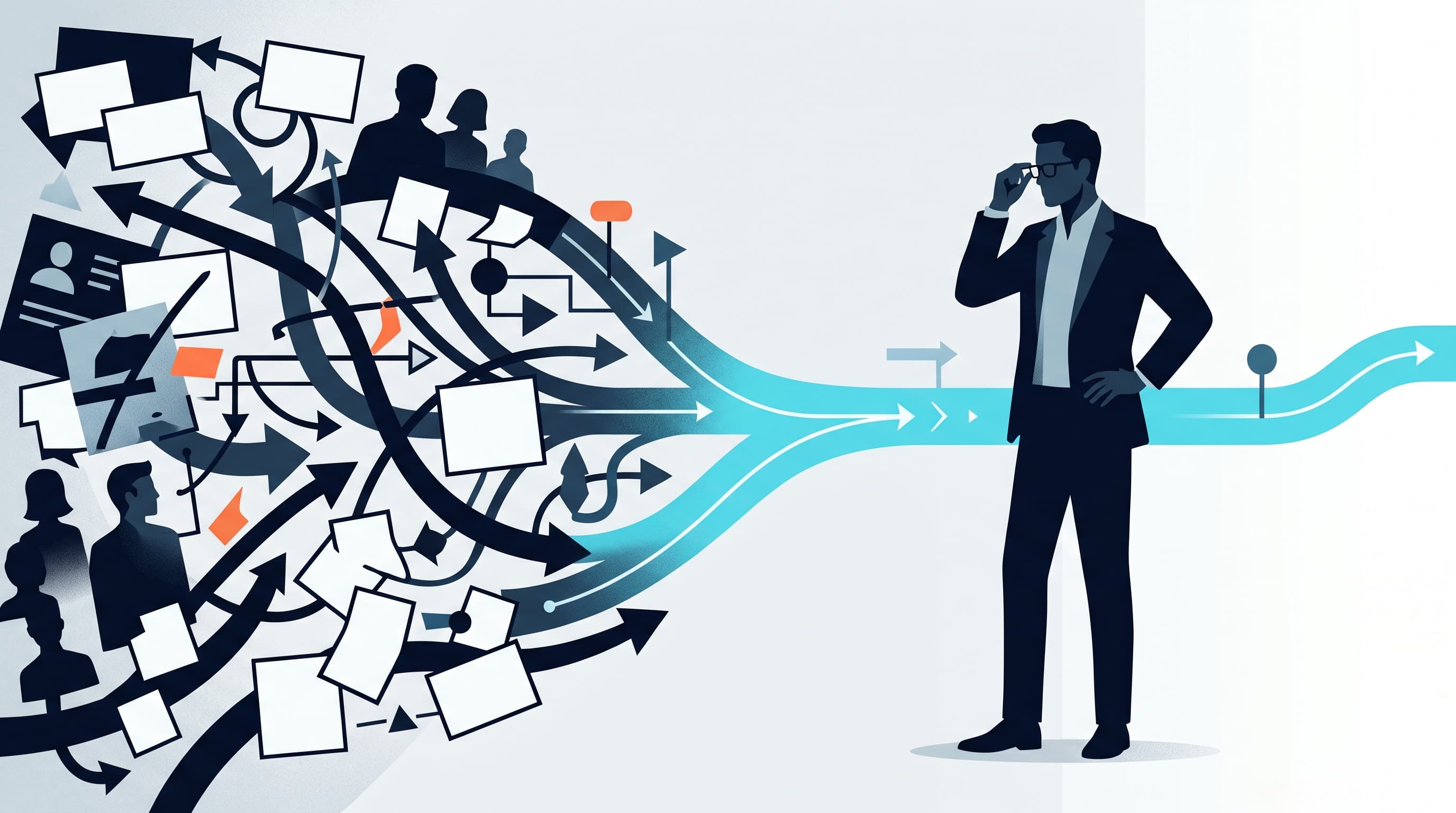 A JobsJudo-style illustration of product roadmap chaos resolving into a clean evidence lane.