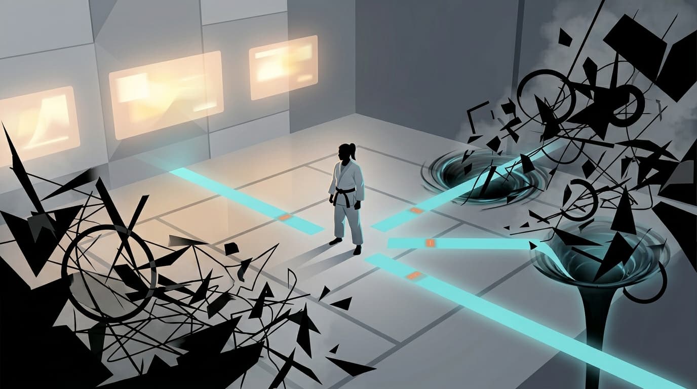 A JobsJudo-style illustration of a candidate choosing precise opportunity lanes from noisy software job signals.