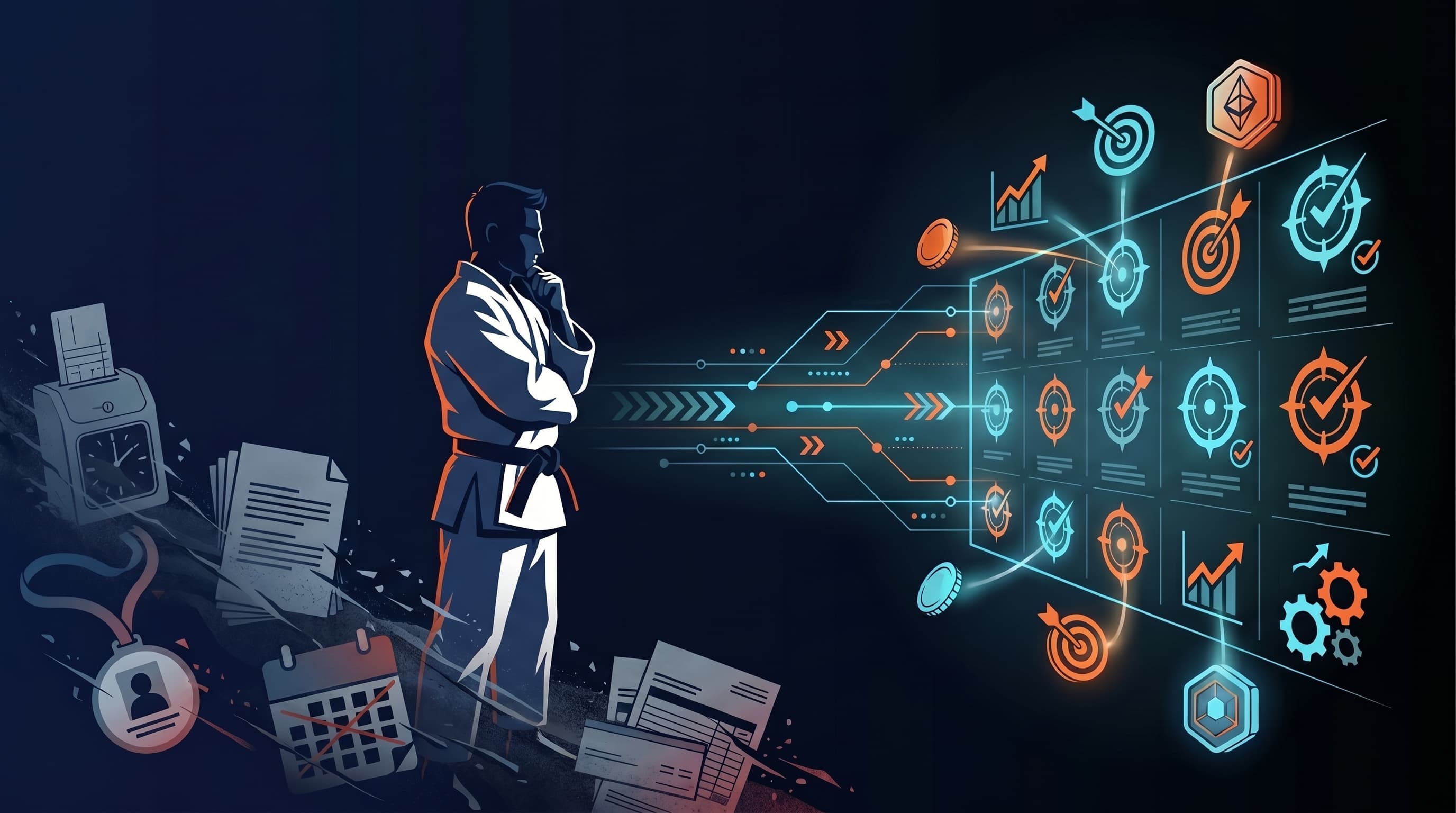 A JobsJudo-style silhouette facing clean outcome targets, job signal lanes, and reward markers.
