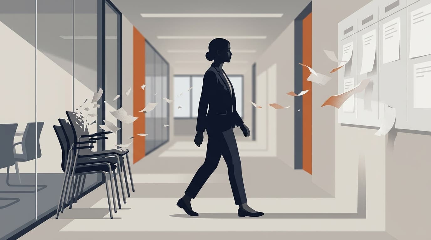 A composed worker walking through an office hallway as meeting chairs and status boards dissolve into paper fragments.
