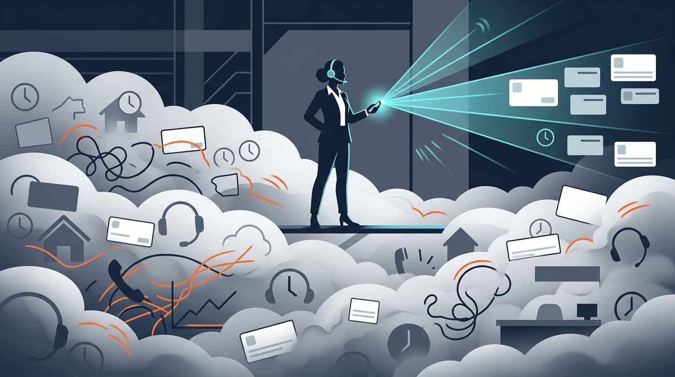 A JobsJudo-style illustration of a candidate cutting through remote and pay fog in customer service job postings.