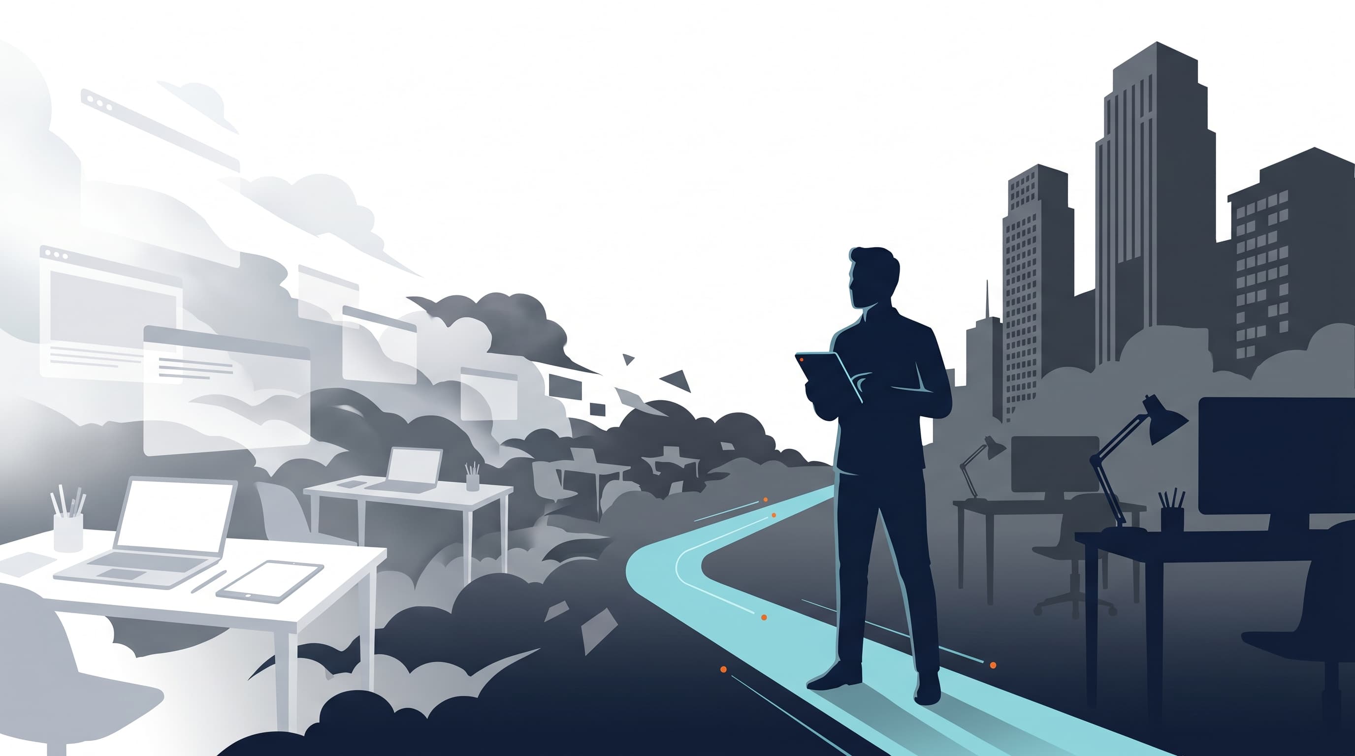 A JobsJudo-style illustration of a design candidate finding a narrow evidence path through remote creative fog.