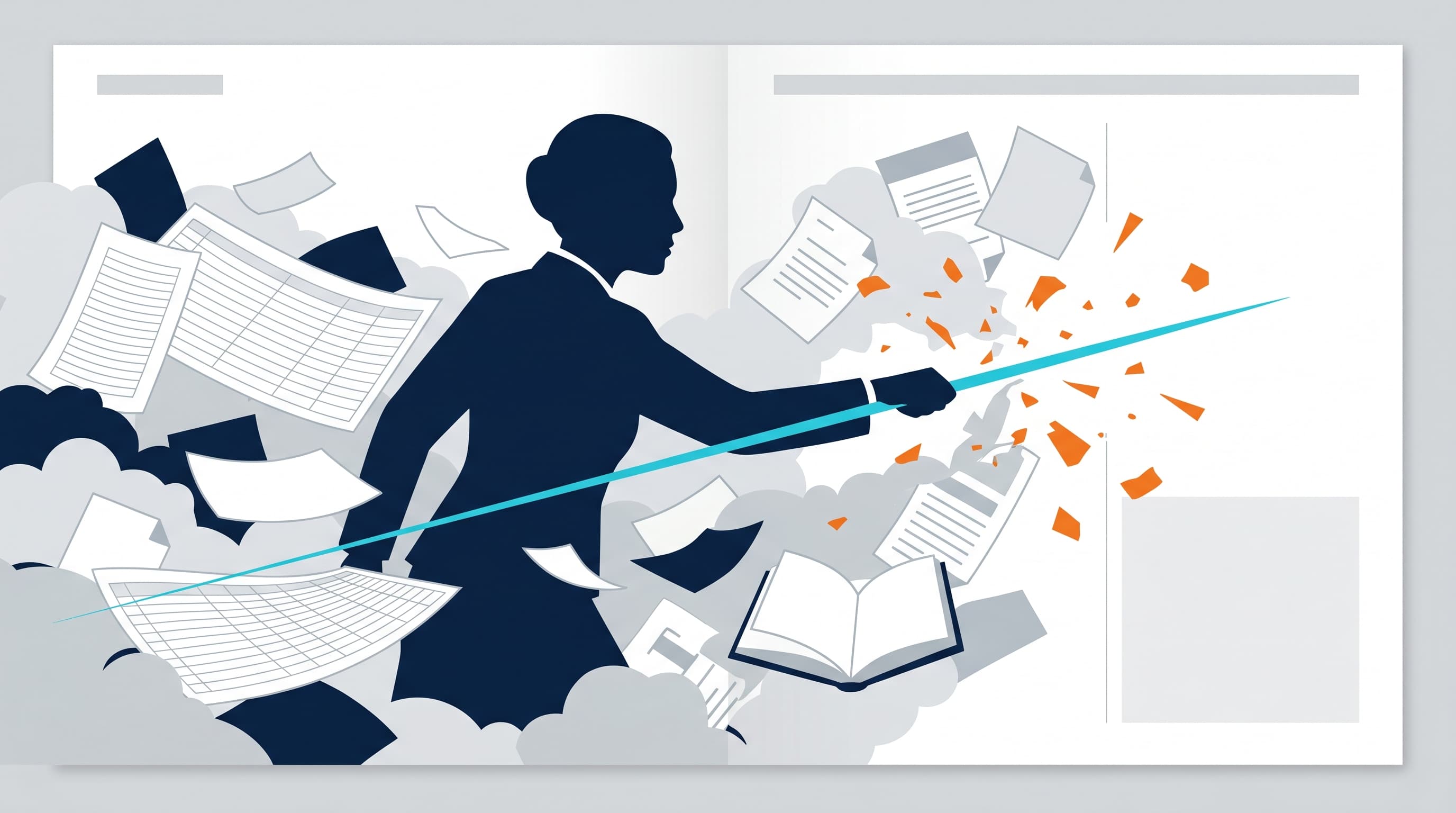 A JobsJudo-style illustration of finance ledgers and spreadsheets turning into clean evidence lanes.