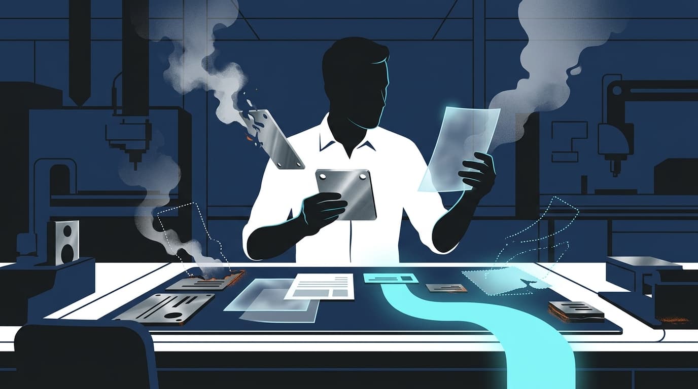 A JobsJudo-style illustration of a candidate sorting hardware engineering job requirements from foggy spec sheets.