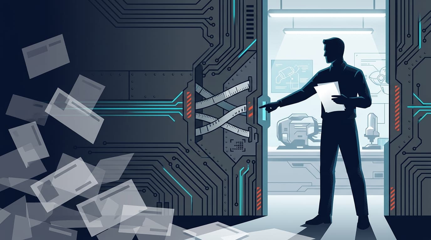 A JobsJudo-style illustration of a candidate opening a narrow hardware engineering opportunity gate with evidence.
