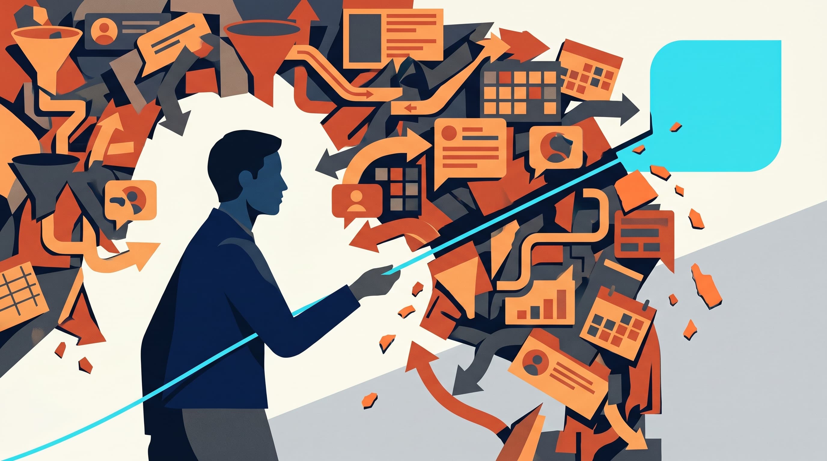 A JobsJudo-style illustration of marketing channels forming a maze that narrows into clean evidence lanes.