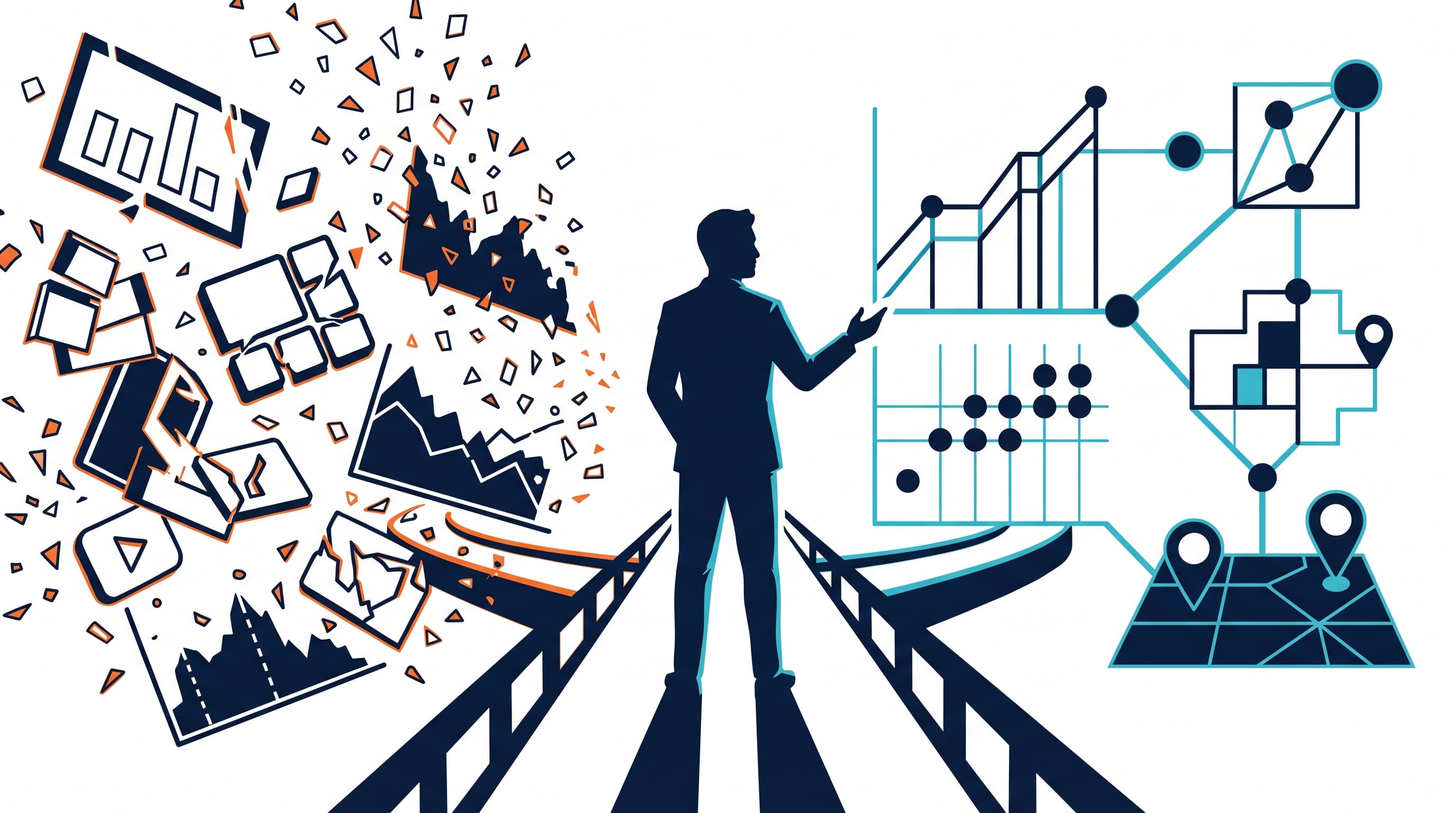 A JobsJudo-style illustration of noisy marketing vanity metrics splitting away from clean evidence lanes.