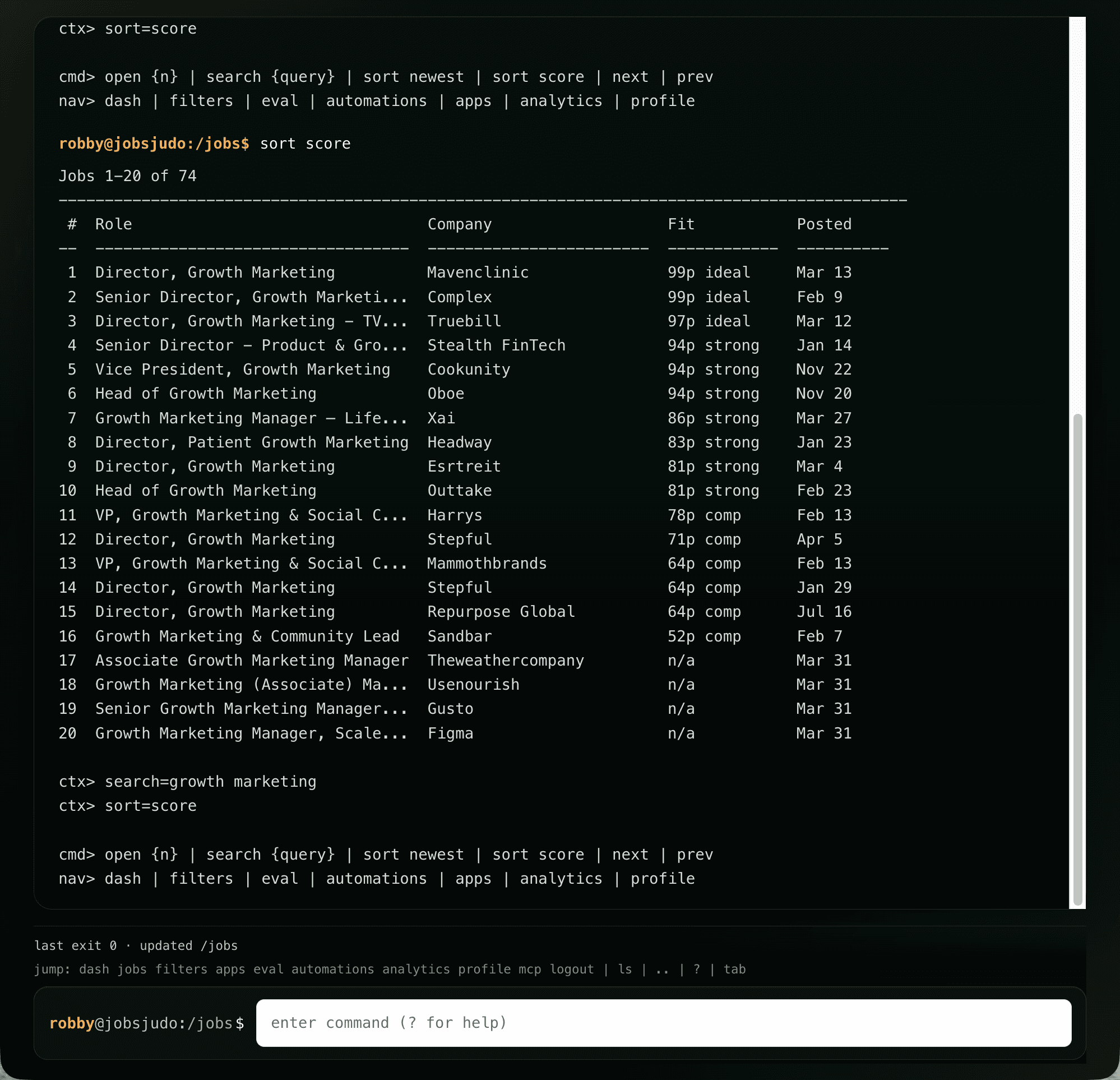 JobsJudo CLI modes and workflow interface