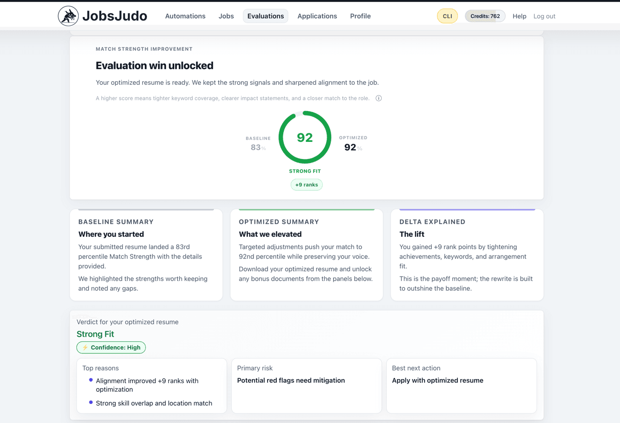 JobsJudo job fit evaluation summary view