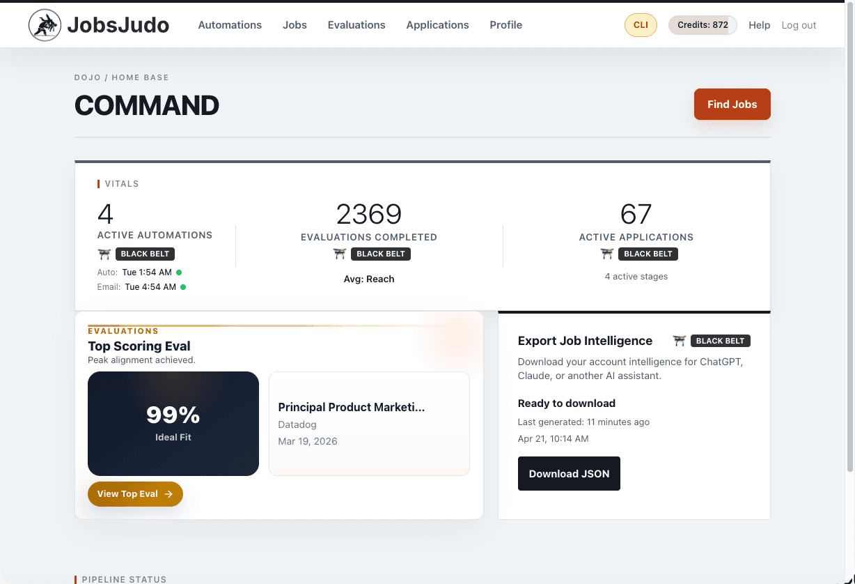JobsJudo explorer view showing the main product dashboard