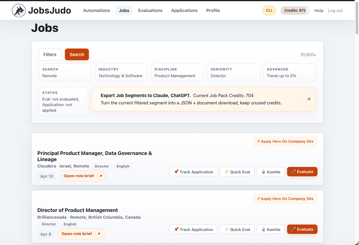 JobsJudo job listings view with filters and evaluation actions