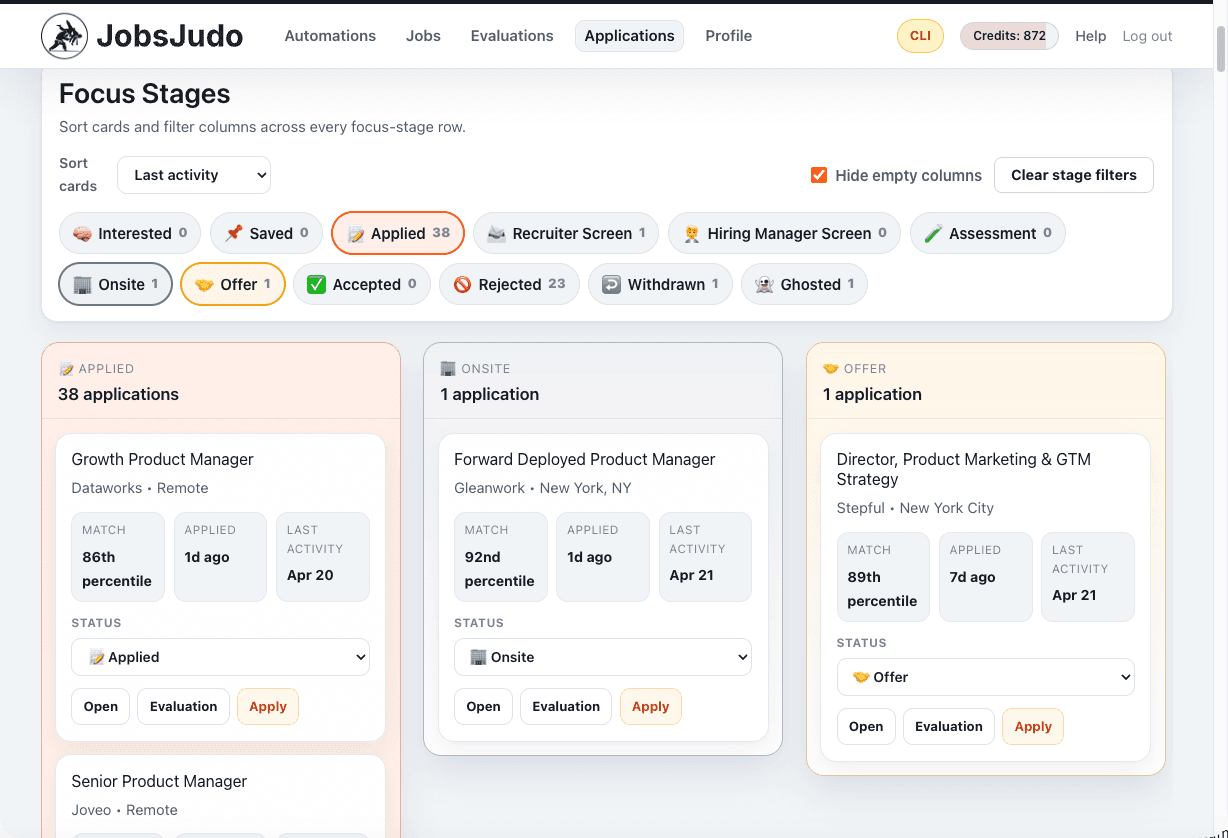 JobsJudo application board in kanban view