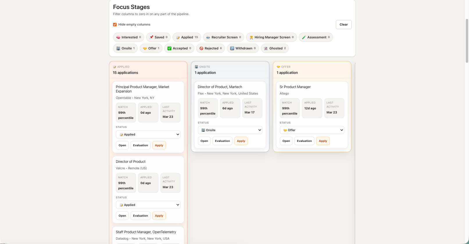 Application tracking dashboard