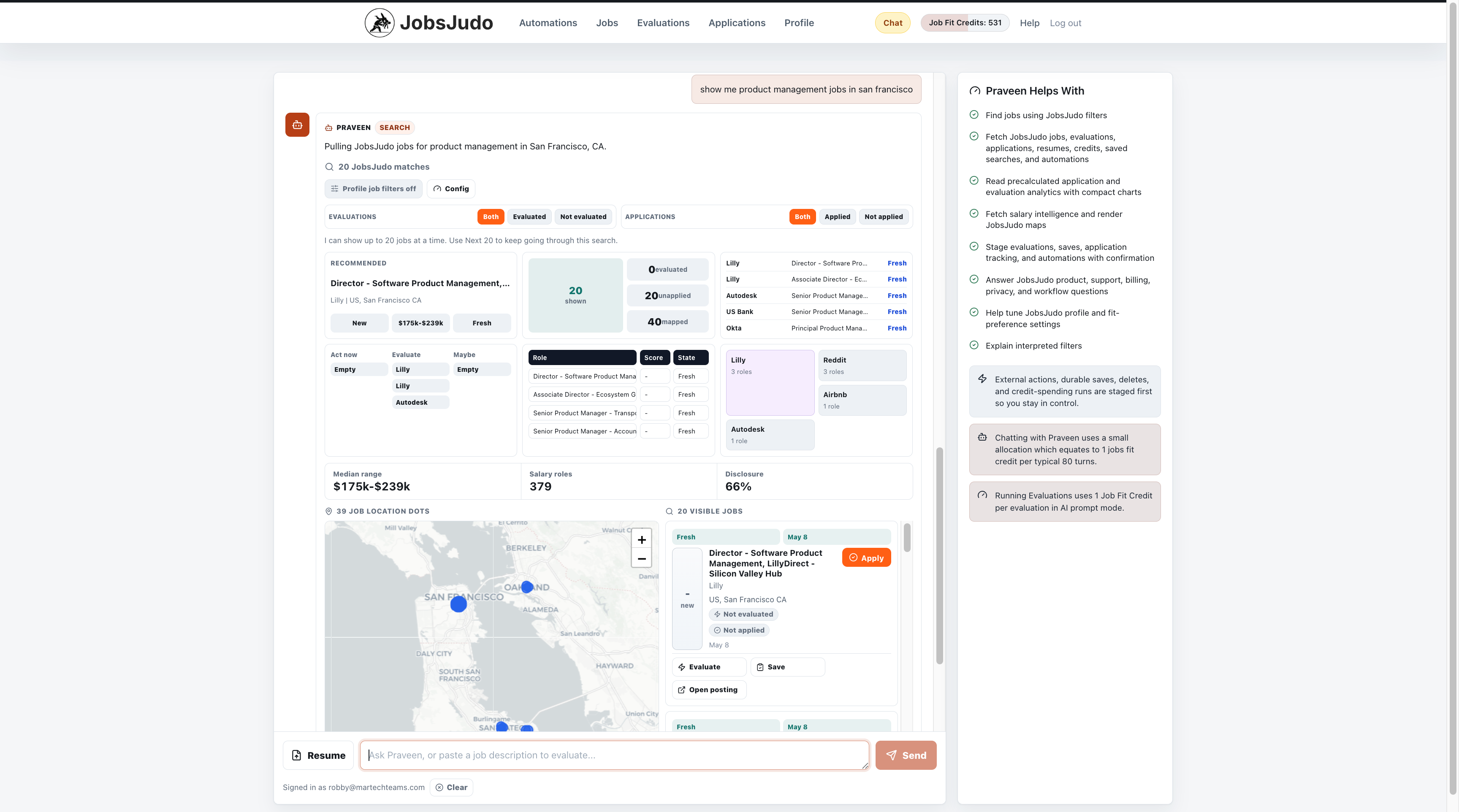 JobsJudo Praveen showing product management jobs, fit actions, market intelligence, and job search controls
