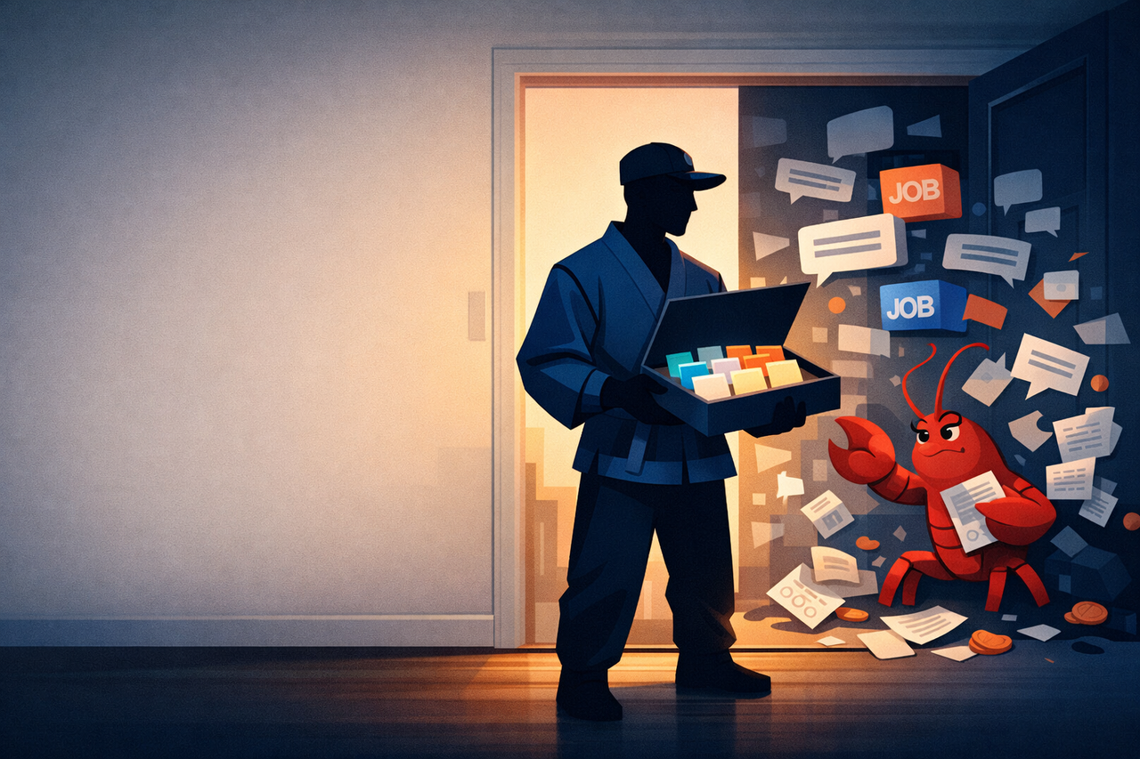 Hero illustration about agentic job search, showing a JobsJudo delivery silhouette and an OpenClaw-style lobster critic outside the door