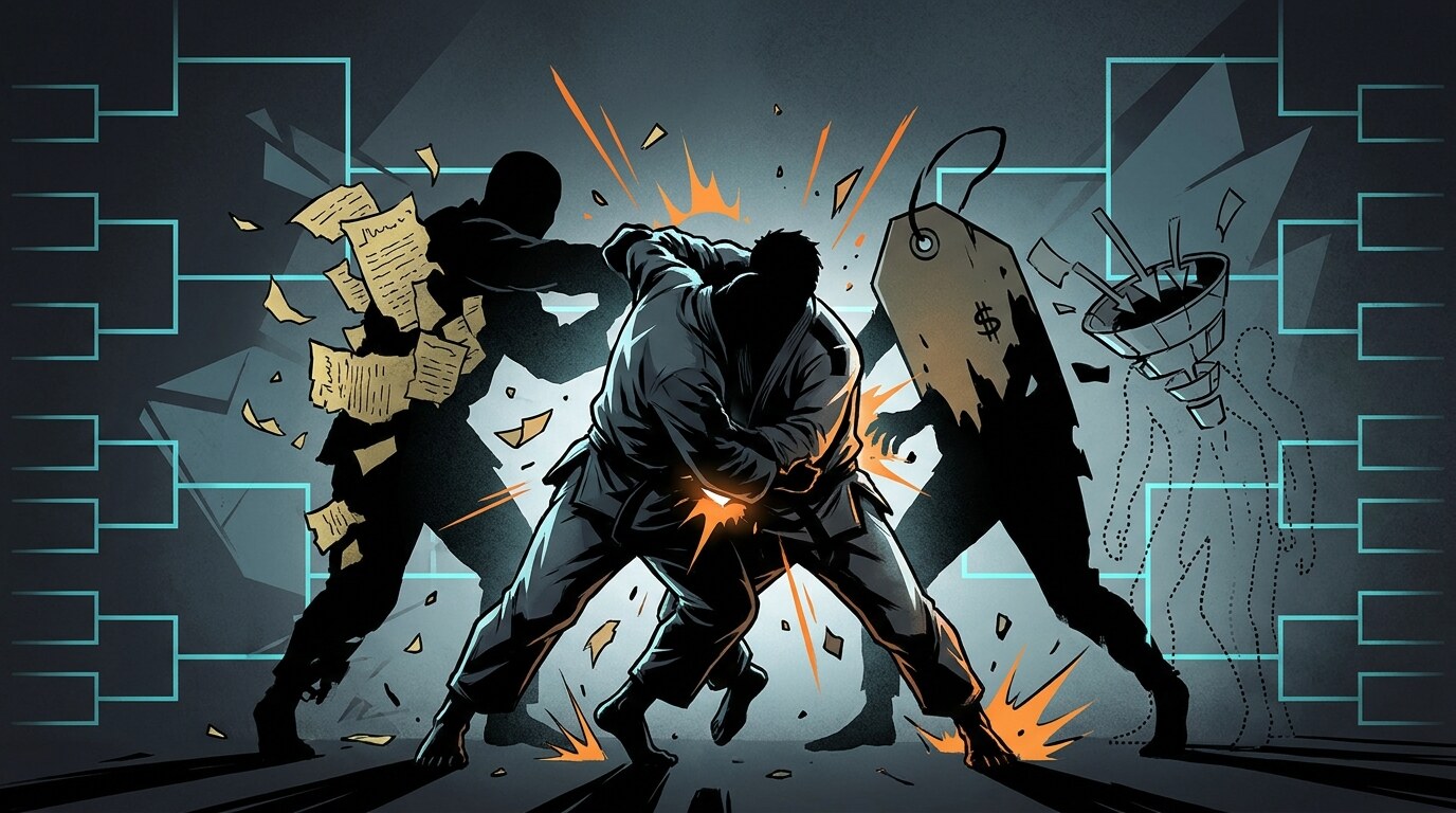 A JobsJudo silhouette grappling with faceless employment-market challengers in a tournament bracket