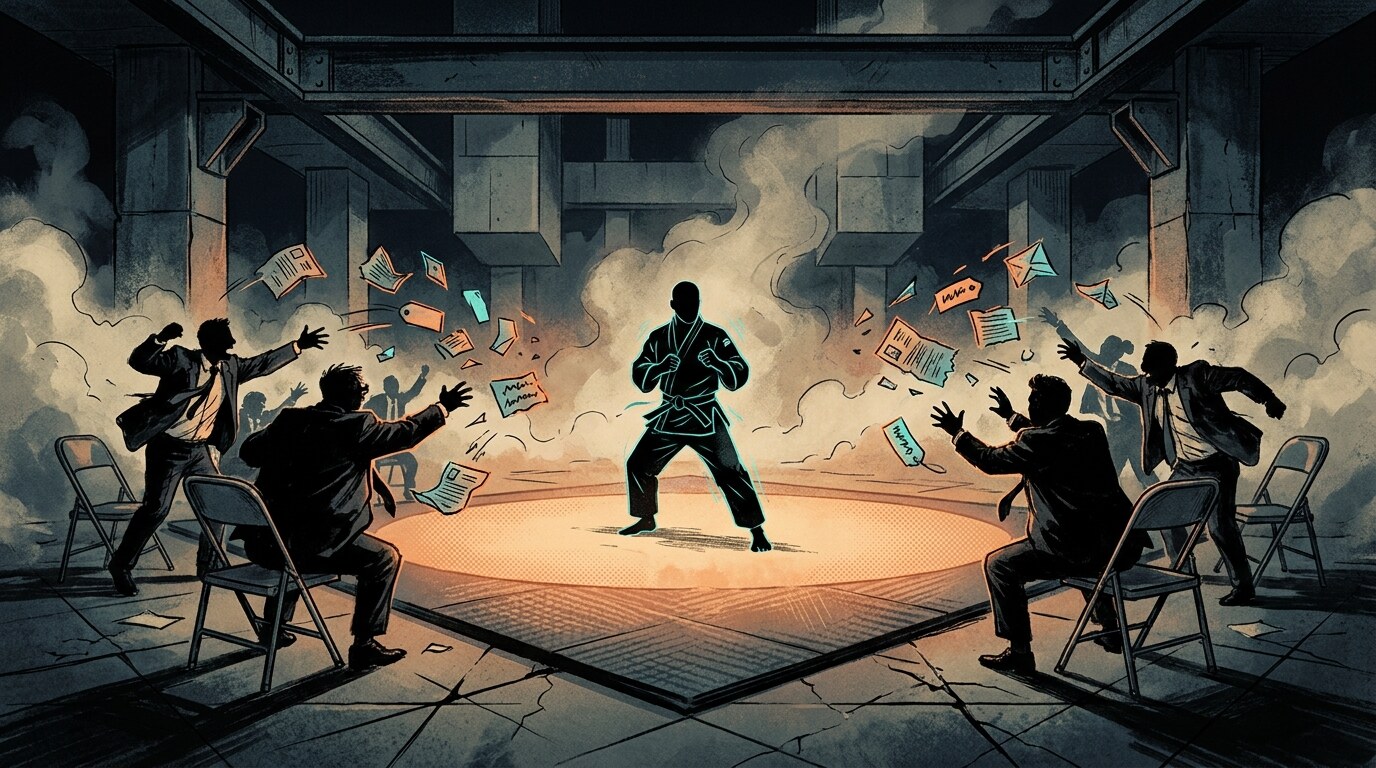 An undercard of chaotic employment-market silhouettes throwing paper and salary tags toward a calm JobsJudo fighter