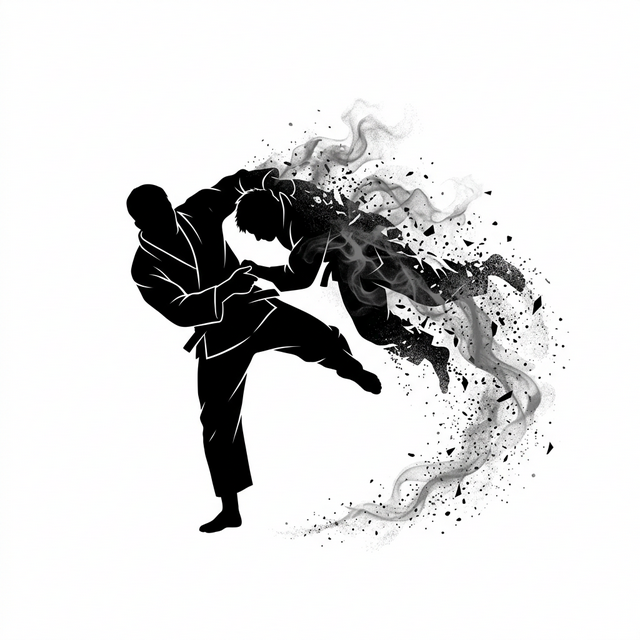 A JobsJudo silhouette throwing an employment-market opponent made of paper fragments and ghost job outlines