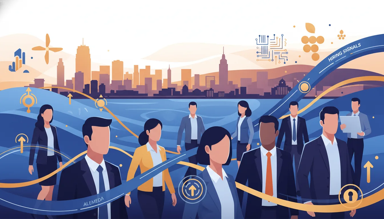 Editorial illustration of the Alameda job market with local industry and data motifs