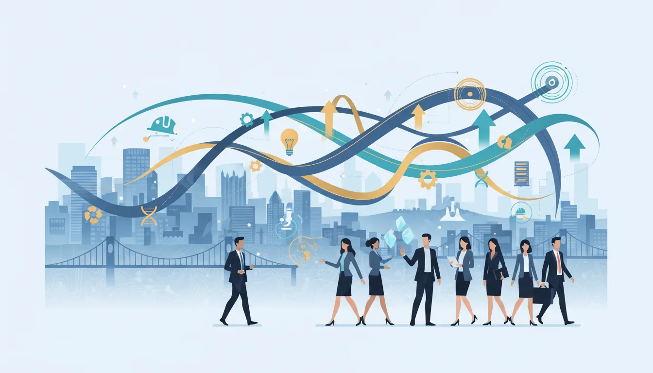 Editorial illustration of the Allegheny job market with local industry and data motifs