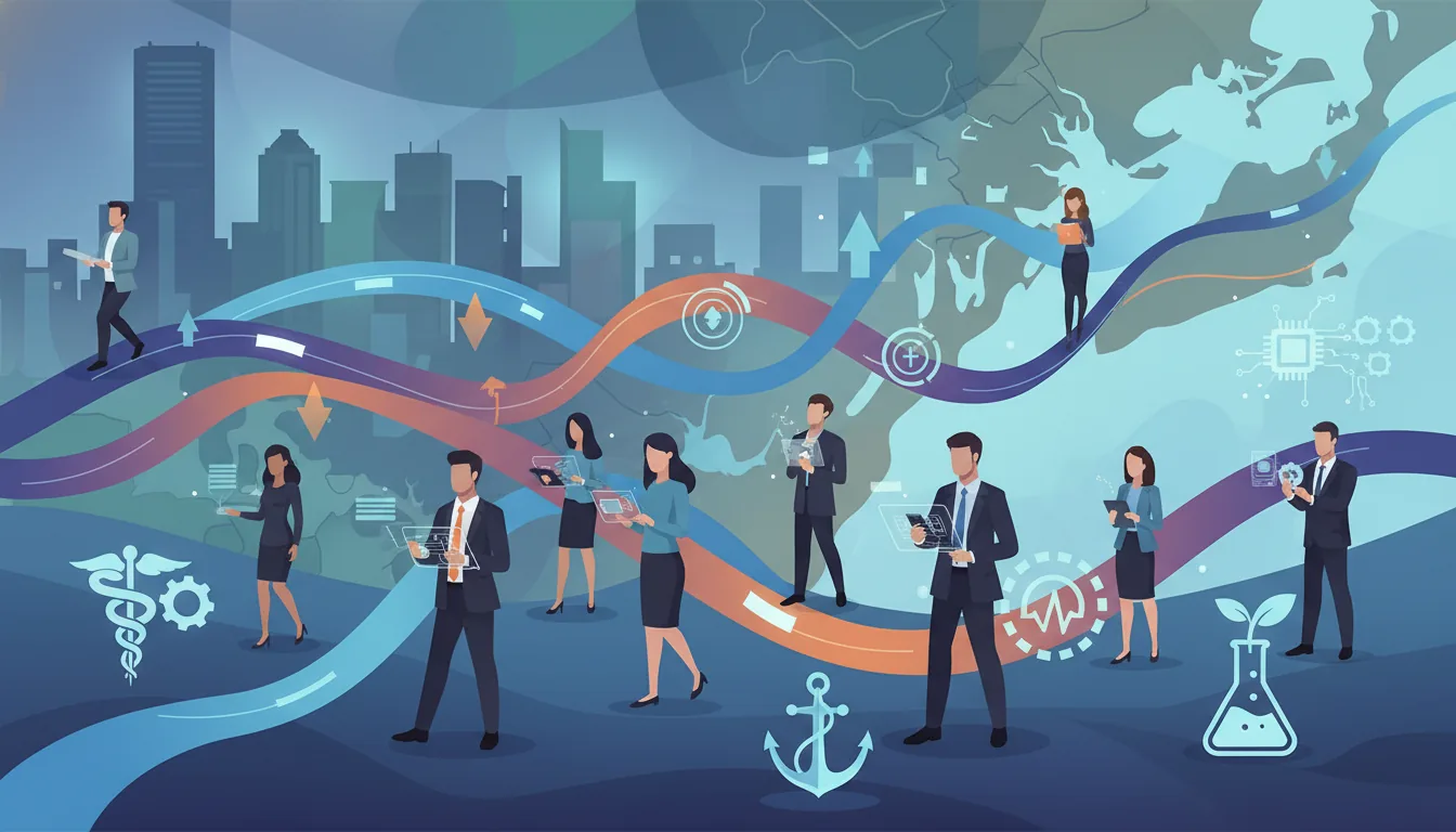 Editorial illustration of the Baltimore County job market with local industry and data motifs