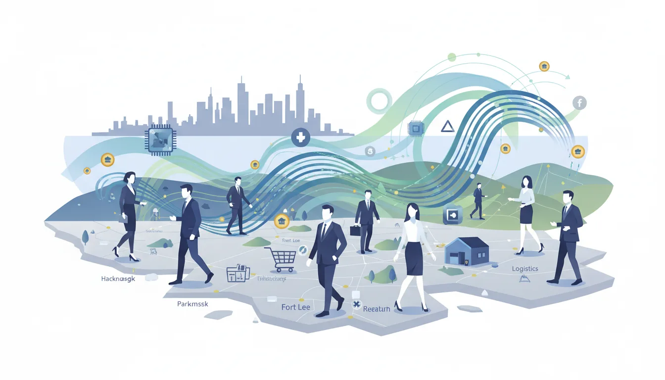Editorial illustration of the Bergen job market with local industry and data motifs