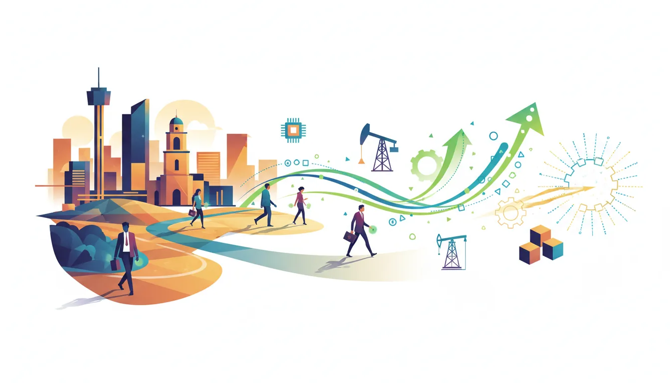 Editorial illustration of the Bexar job market with local industry and data motifs