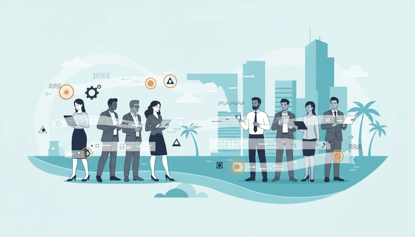 Editorial illustration of the Broward job market with local industry and data motifs