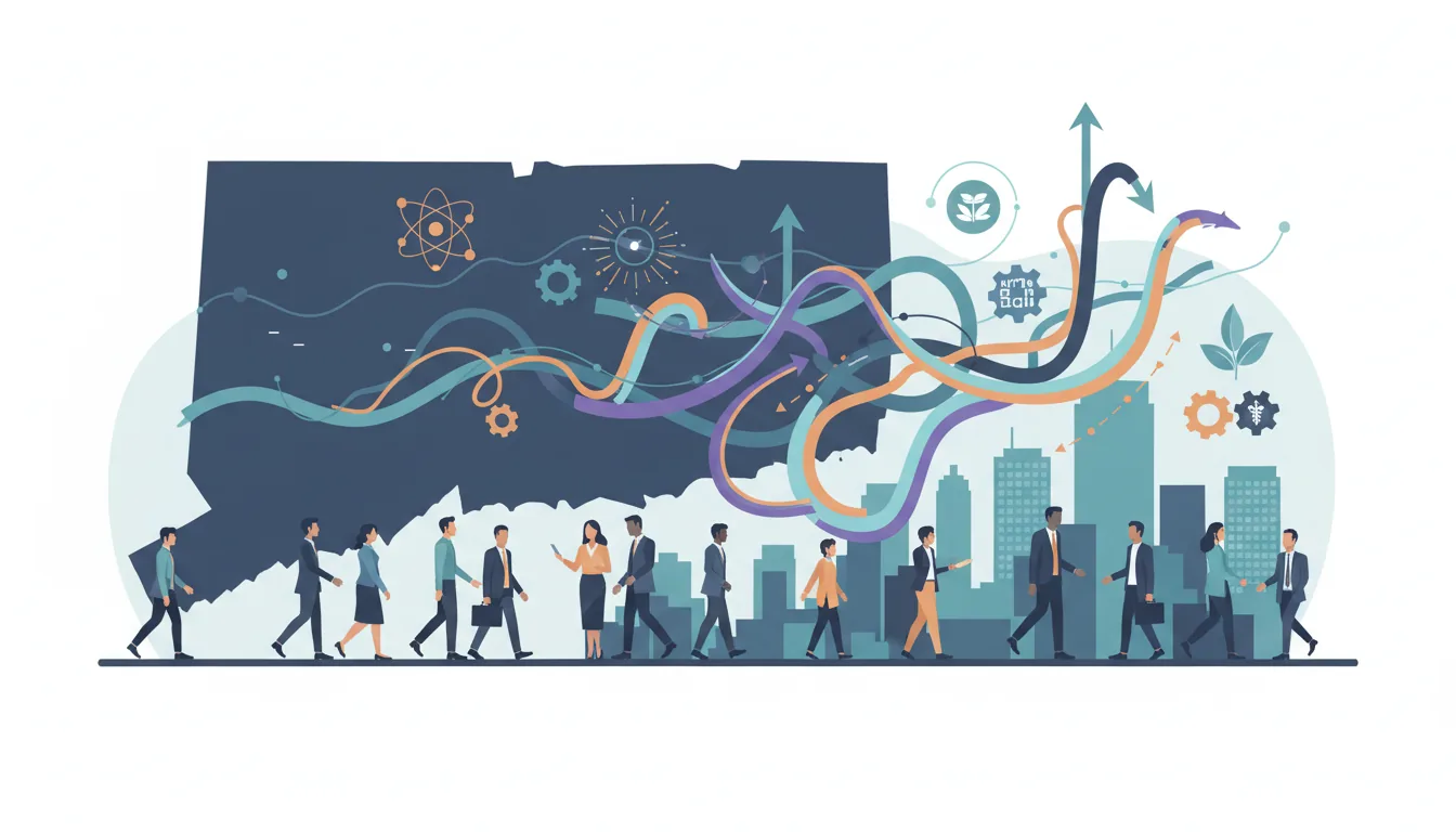 Editorial illustration of the Capitol Region job market with local industry and data motifs