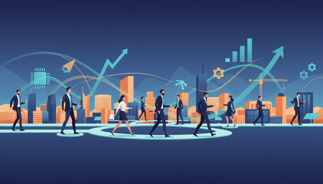 Editorial illustration of the Clark job market with local industry and data motifs