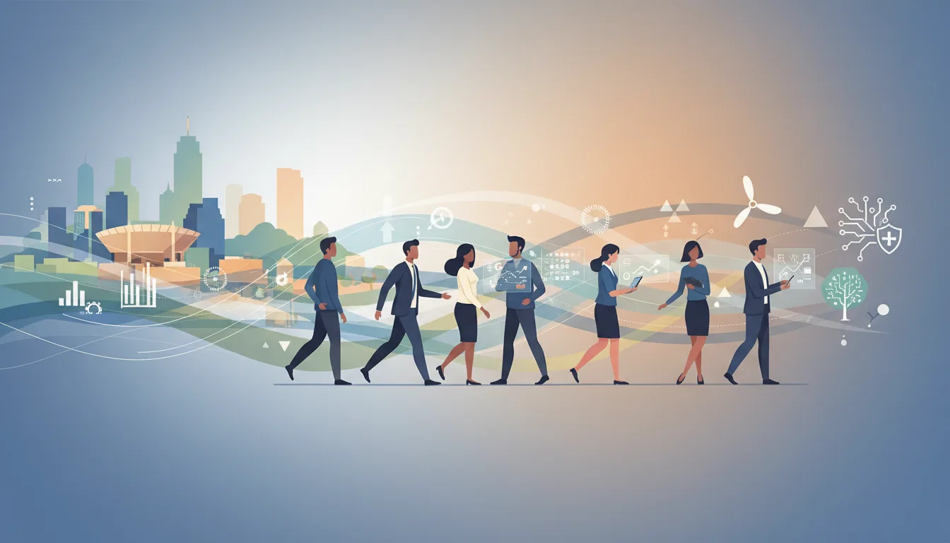 Editorial illustration of the Cobb job market with local industry and data motifs