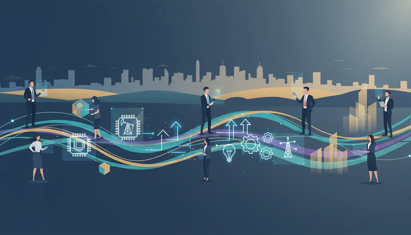 Editorial illustration of the Collin job market with local industry and data motifs