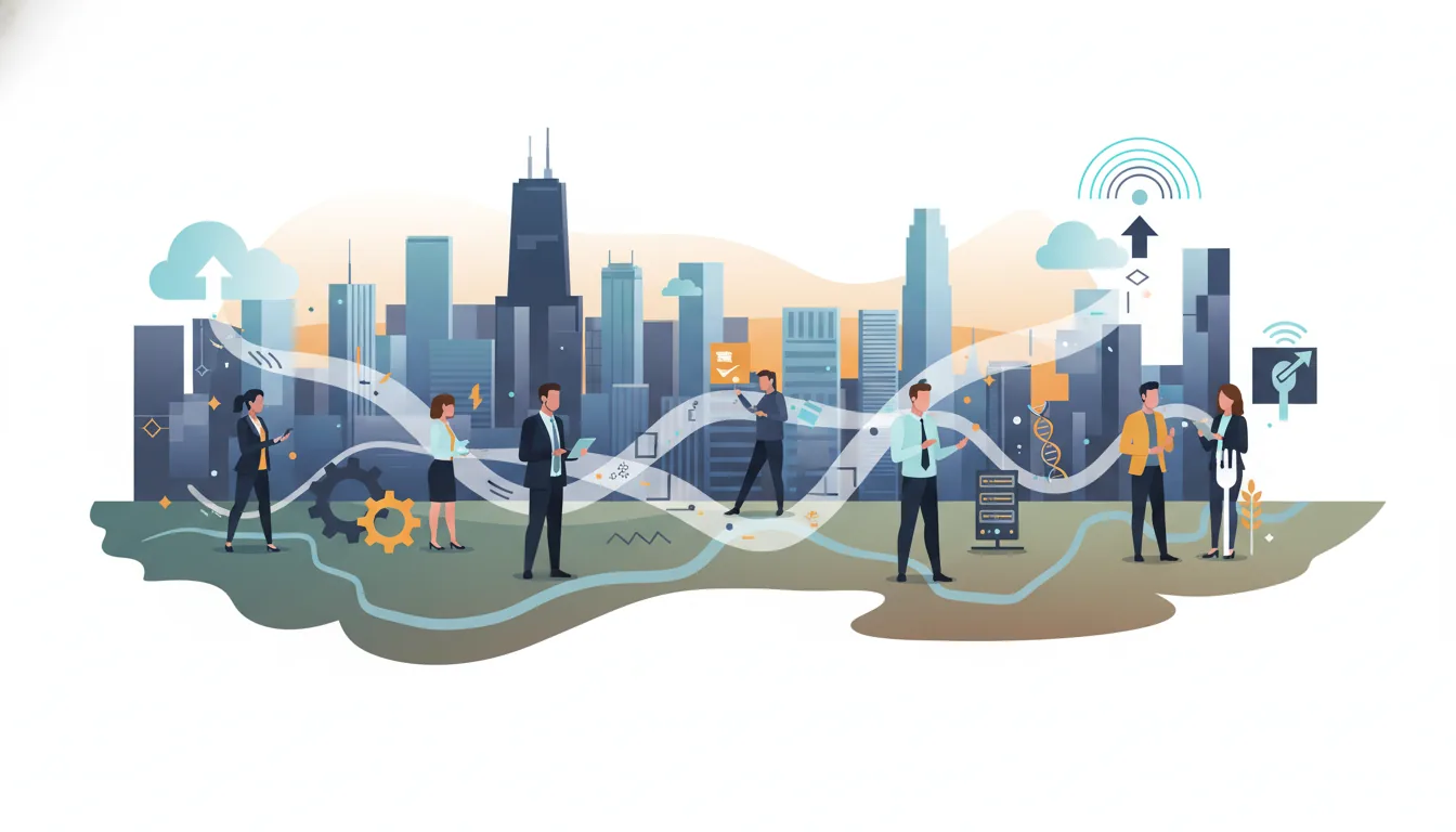 Editorial illustration of the Cook job market with local industry and data motifs