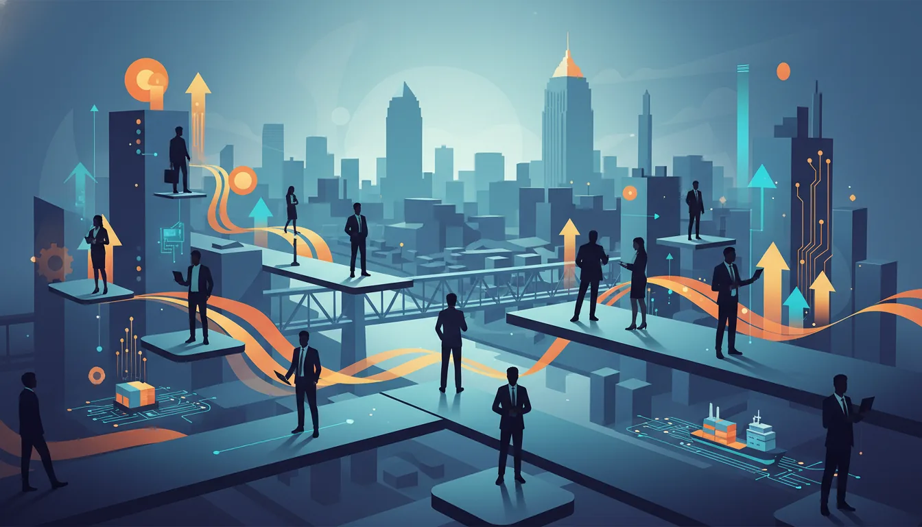 Editorial illustration of the Cuyahoga job market with local industry and data motifs