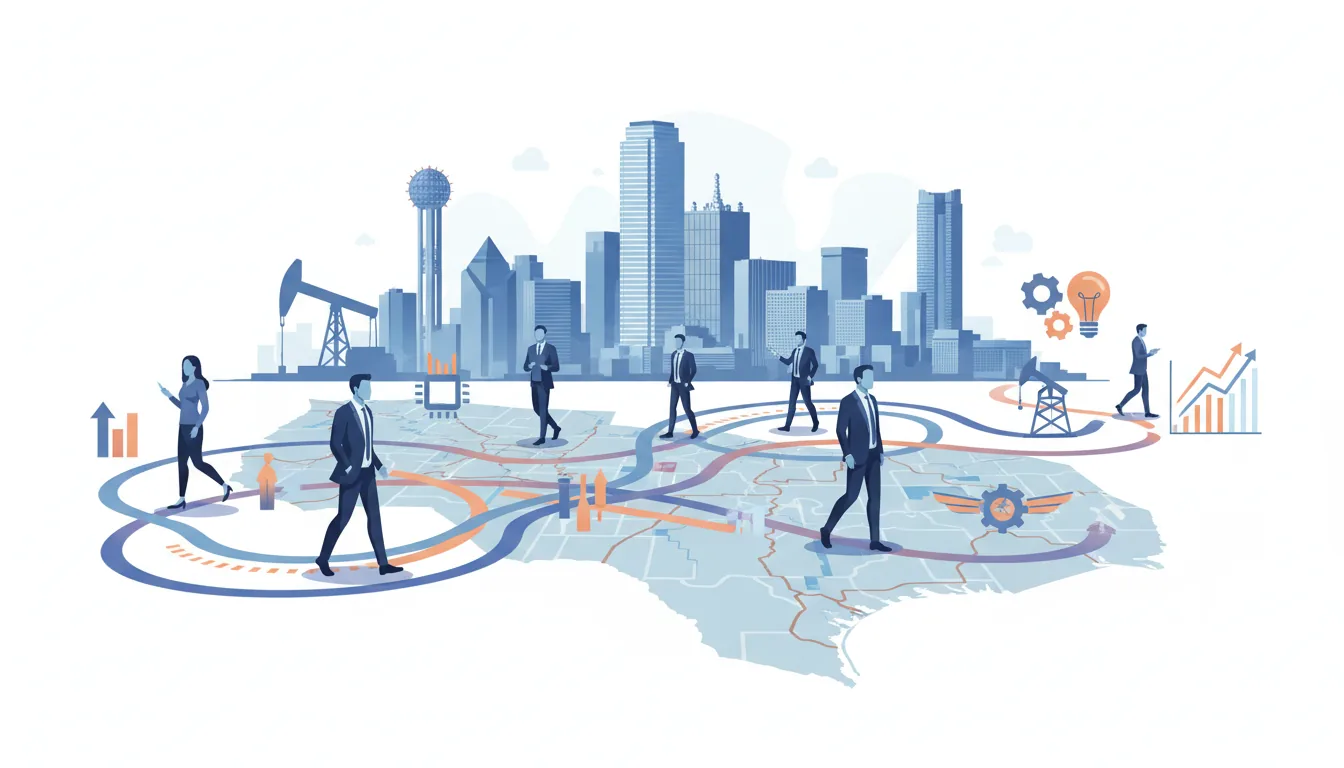 Editorial illustration of the Dallas job market with local industry and data motifs
