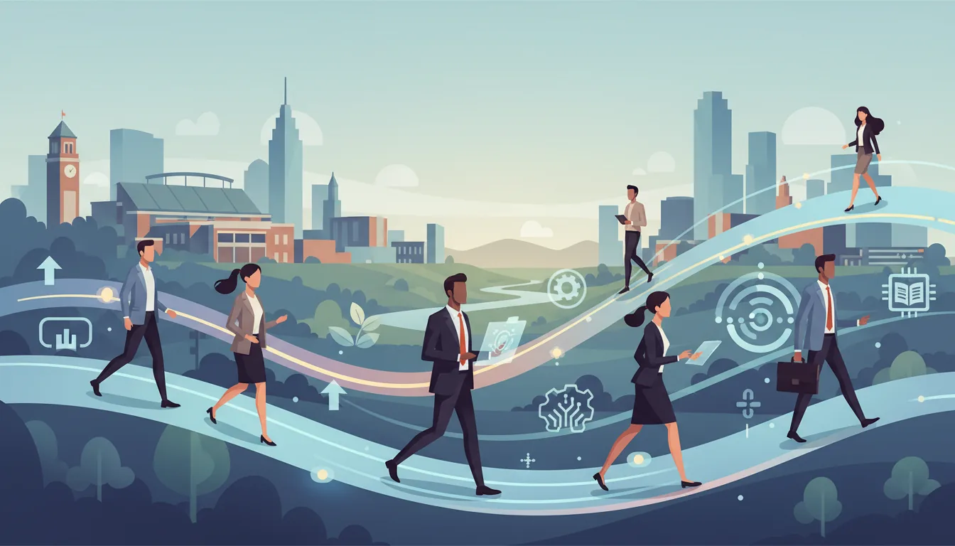 Editorial illustration of the Davidson job market with local industry and data motifs