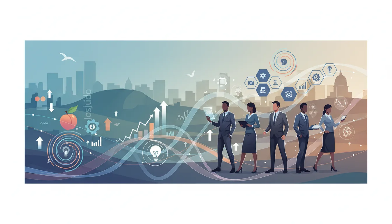 Editorial illustration of the DeKalb job market with local industry and data motifs