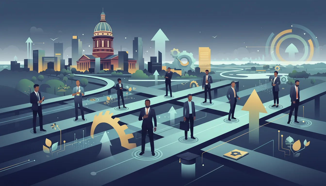 Editorial illustration of the Denton job market with local industry and data motifs