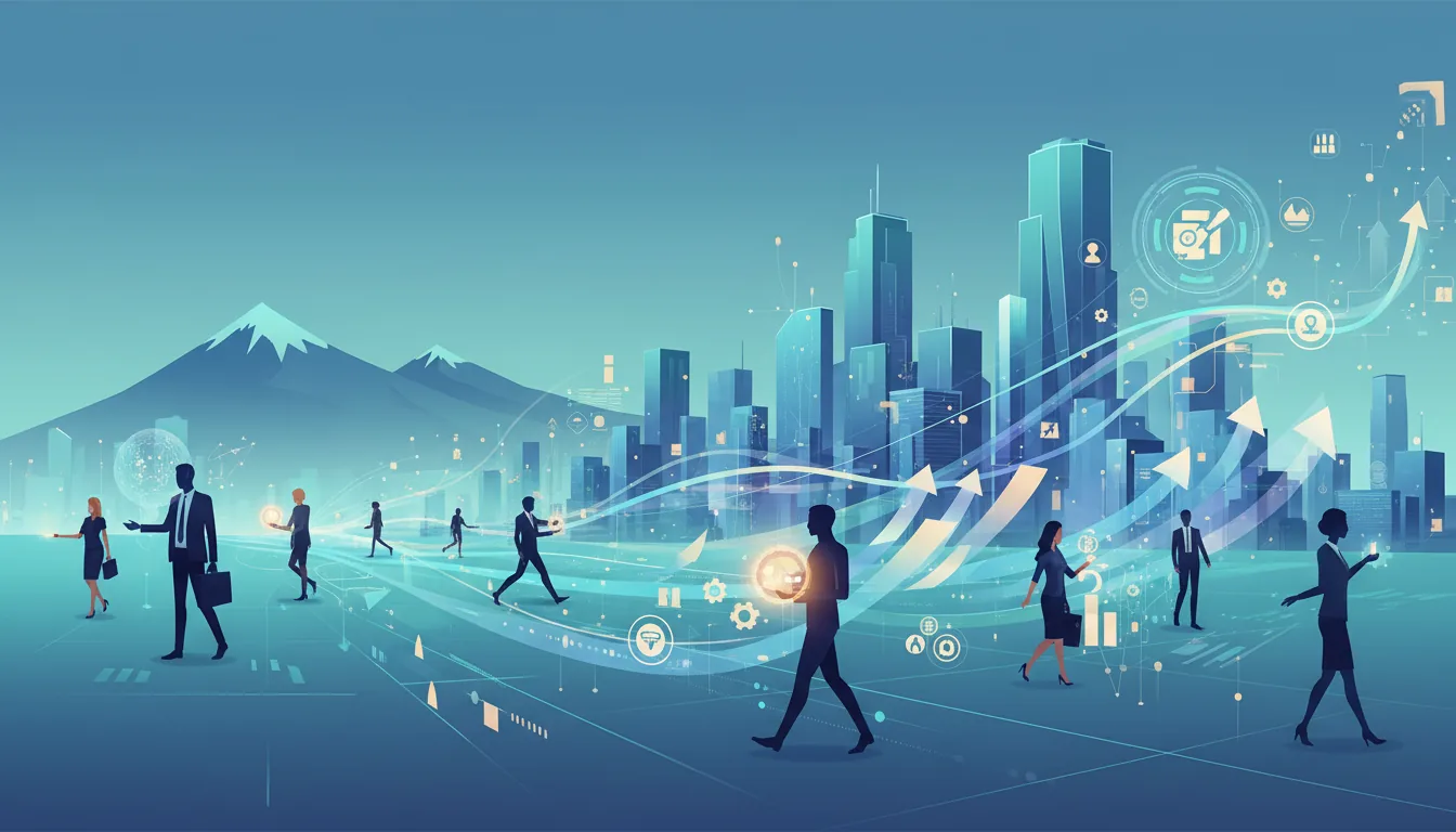 Editorial illustration of the Denver job market with local industry and data motifs