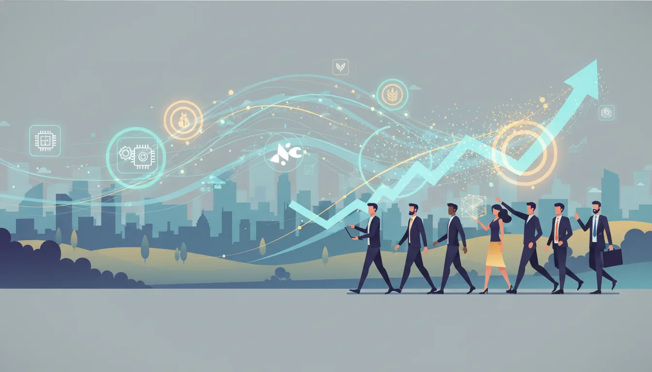Editorial illustration of the DuPage job market with local industry and data motifs